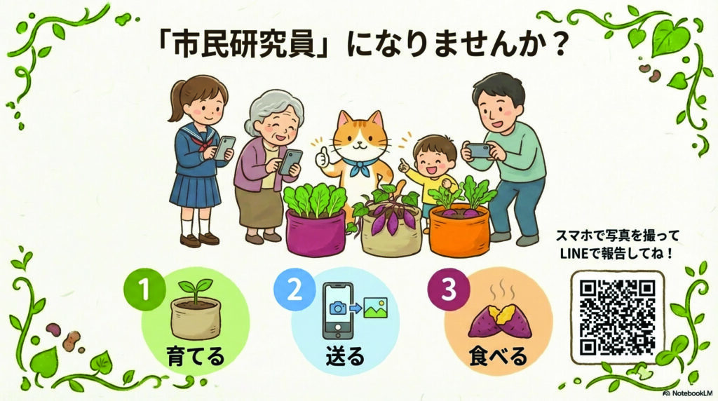 「市民研究員」になりませんか?
1. 育てる
2. 送る
3. 食べる
スマホで写真を撮ってLINEで報告してね!