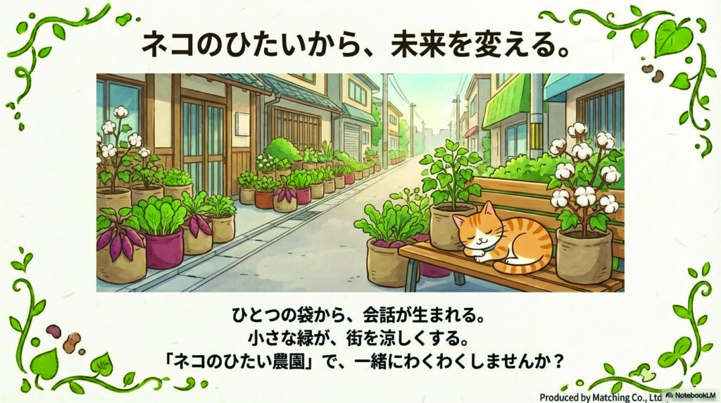 ネコのひたいから、未来を変える。
ひとつの袋から、会話が生まれる。
小さな緑が、街を涼しくする。
「ネコのひたい農園」で、一緒にわくわくしませんか?
Produced by Matching Co., Ltd