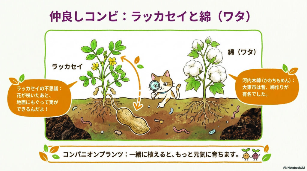 仲良しコンビ:ラッカセイと綿(ワタ)
ラッカセイの不思議:花が咲いたあと、地面にもぐって実ができるんだよ!
コンパニオンプランツ:一緒に植えると、もっと元気に育ちます。
河内木綿(かわちもめん):大東市は昔、綿作りが有名でした。