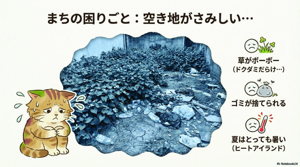まちの困りごと:空き地がさみしい・・・
草がボーボー (ドクダミだらけ・・・)
ゴミが捨てられる
夏はとっても暑い (ヒートアイランド)
