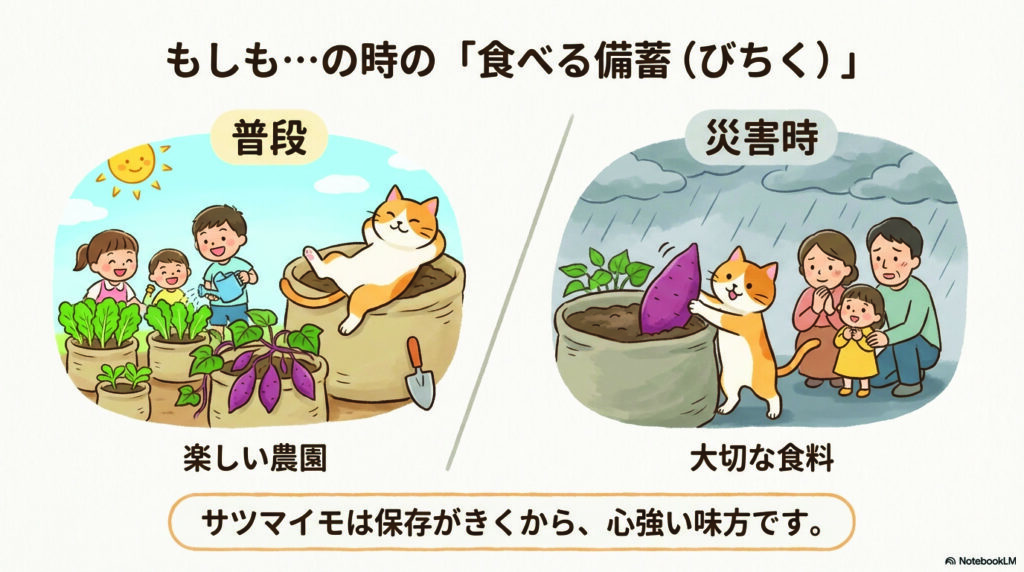 もしも・・・の時の「食べる備蓄(びちく)」
普段:楽しい農園
災害時:大切な食料
サツマイモは保存がきくから、心強い味方です。
スライド10
