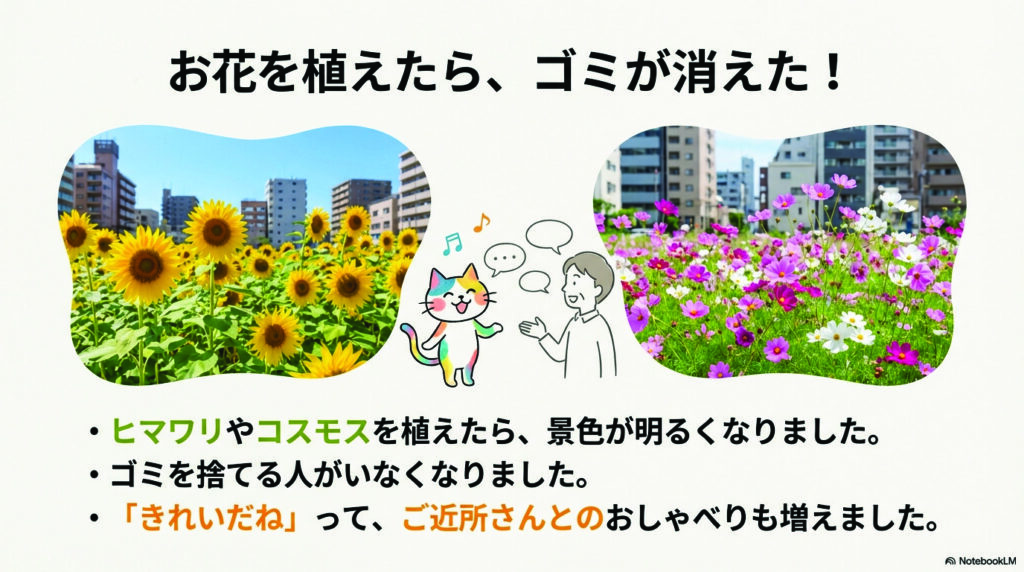 お花を植えたら、ゴミが消えた!
ヒマワリやコスモスを植えたら、景色が明るくなりました。
ゴミを捨てる人がいなくなりました。
「きれいだね」って、ご近所さんとのおしゃべりも増えました。