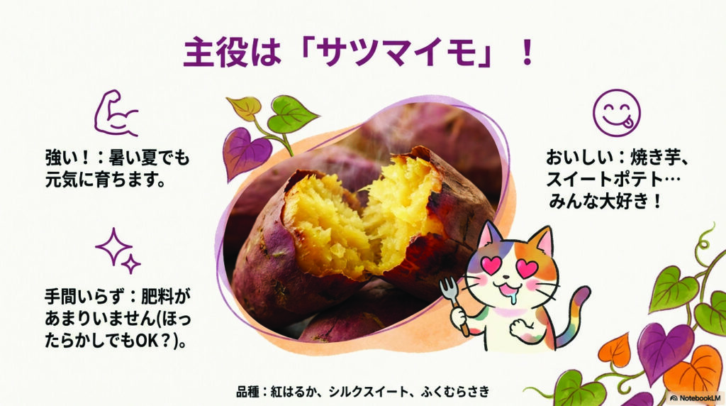 強い!:暑い夏でも元気に育ちます。
手間いらず:肥料があまりいません(ほったらかしでもOK?)。
主役は「サツマイモ」!
おいしい:焼き芋、スイートポテト・・・ みんな大好き!
品種:紅はるか、シルクスイート、ふくむらさき