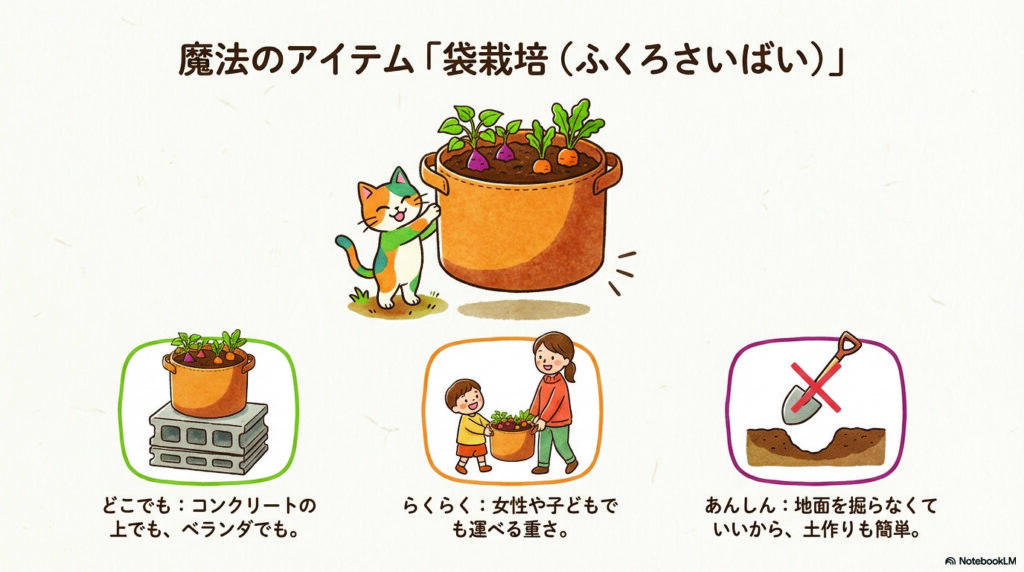 魔法のアイテム「袋栽培(ふくろさいばい)」
どこでも:コンクリートの上でも、ベランダでも。
らくらく:女性や子どもでも運べる重さ。
あんしん:地面を掘らなくていいから、土作りも簡単。